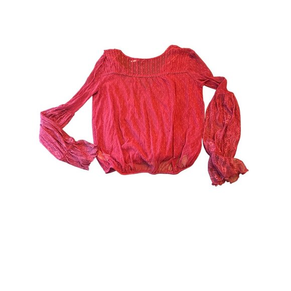 Free People Red Sheer Lace Polka Dot Crop Blouse With Bell Sleeves Size M - Picture 7 of 7
